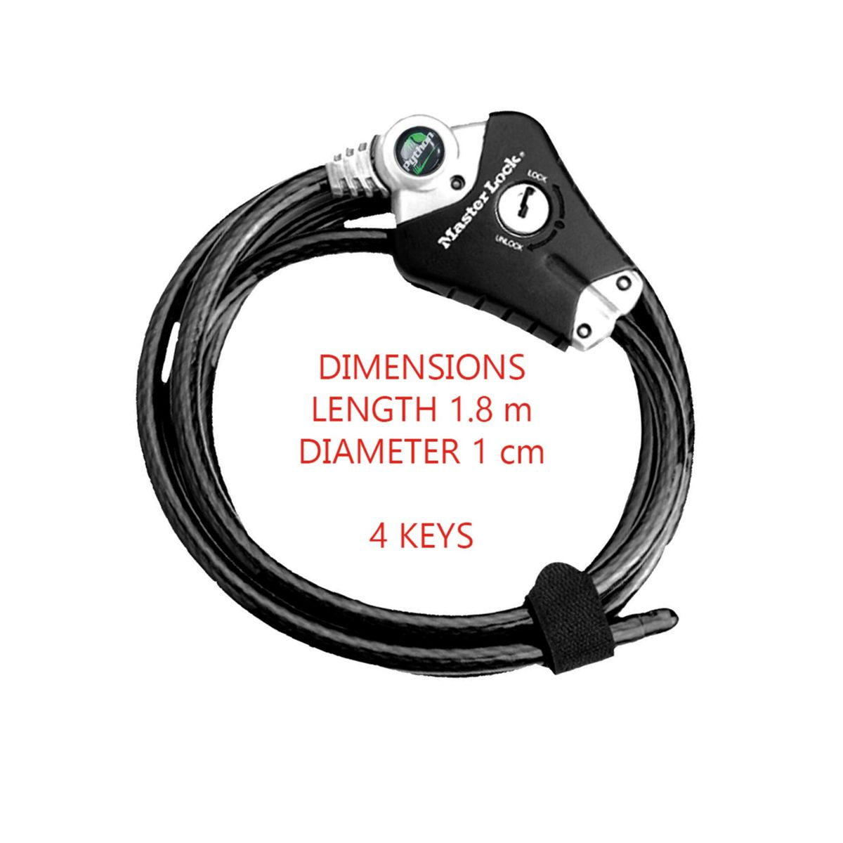 Lucchetto cavo Master Lock Python. Lunghezza 1,8m, diametro 1cm, incluse 4 chiavi.