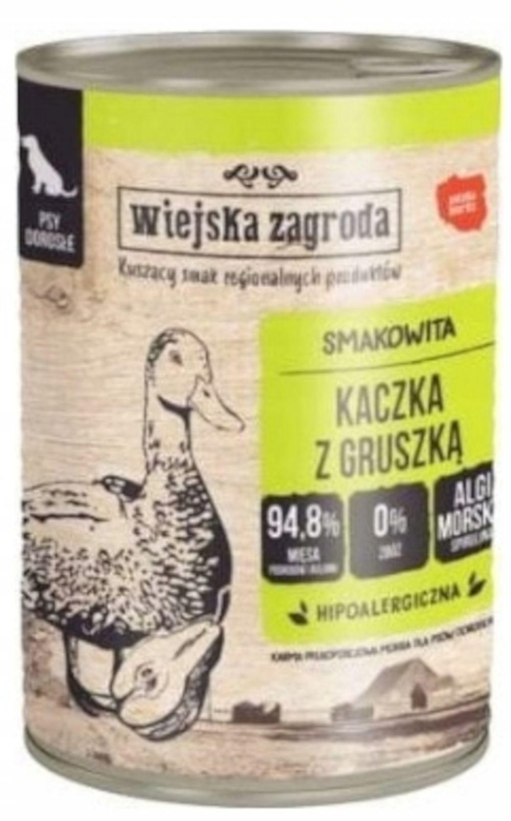 Puszka karmy dla psów z kaczką i gruszką. Zawiera 94,8% mięsa.