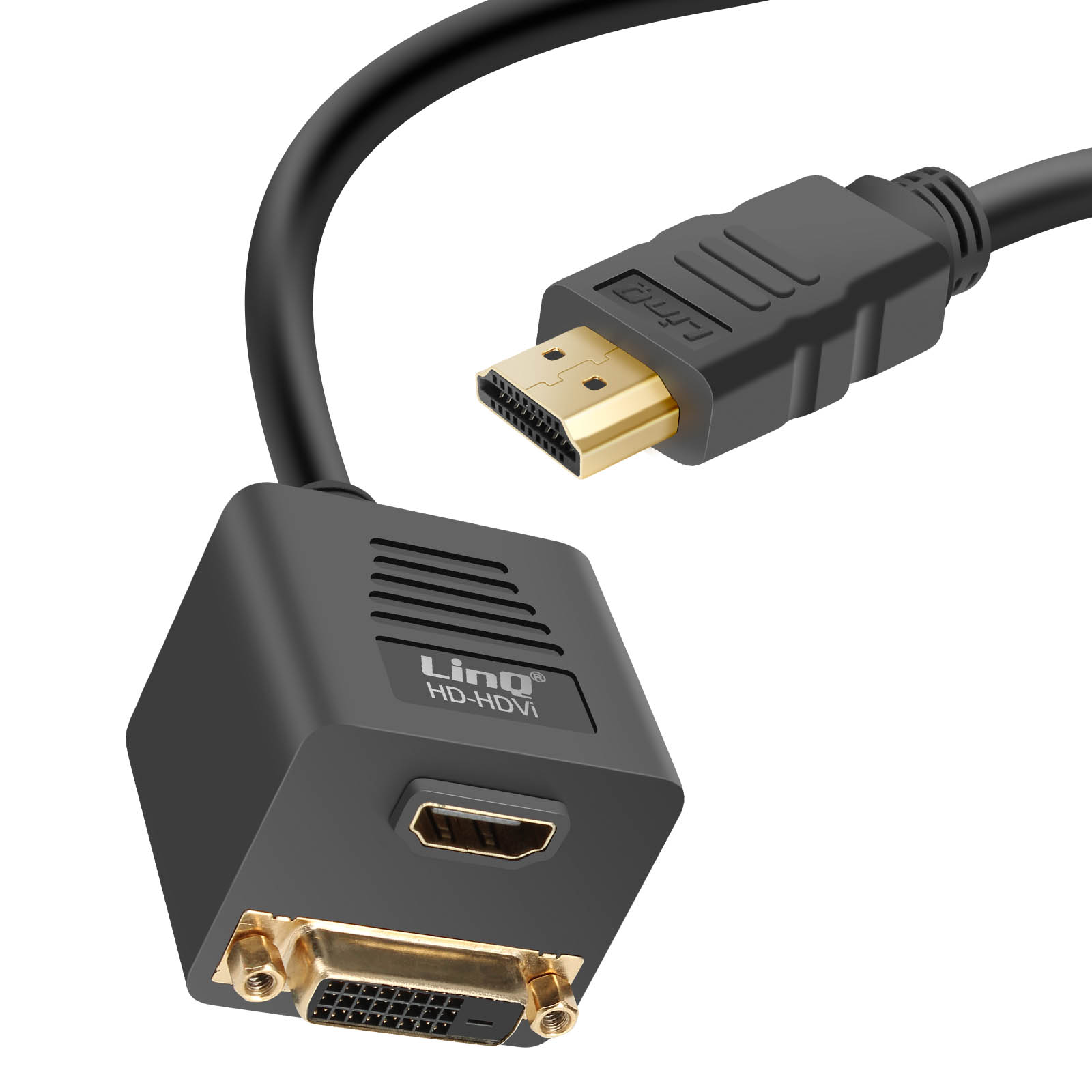 Cavo adattatore HDMI a DVI nero con connettori placcati oro su sfondo bianco.