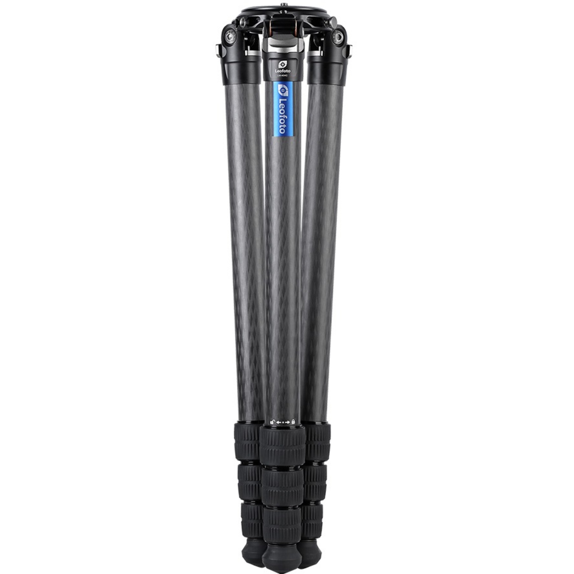 Ein schwarzes Leofoto Carbonfaser-Stativ mit drei Beinen und Gummigriffen.