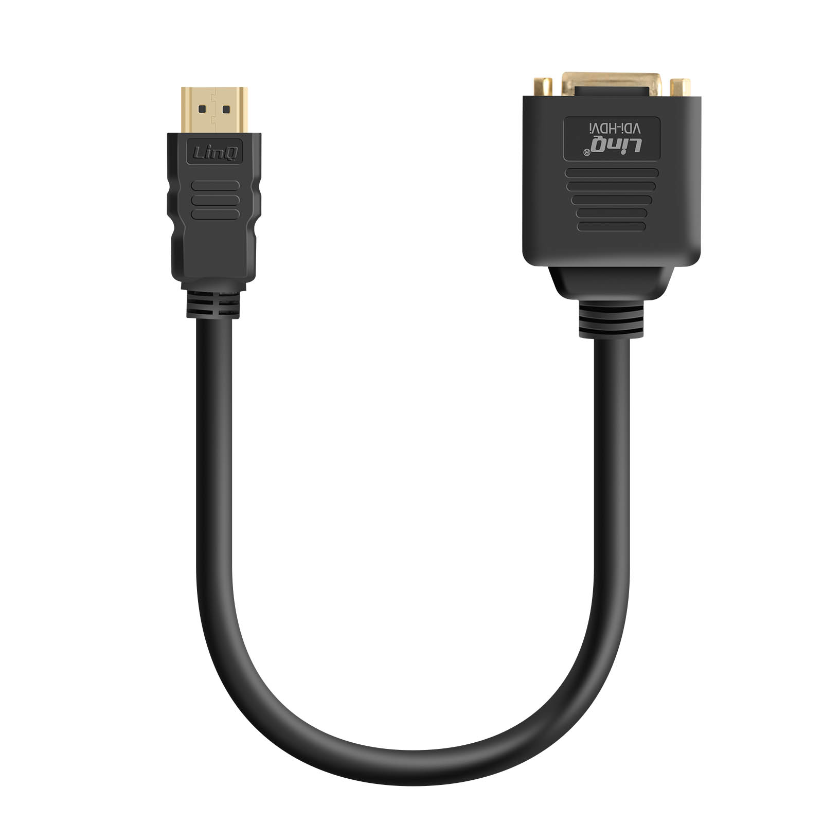 Un adattatore HDMI a DVI nero con connettori dorati.