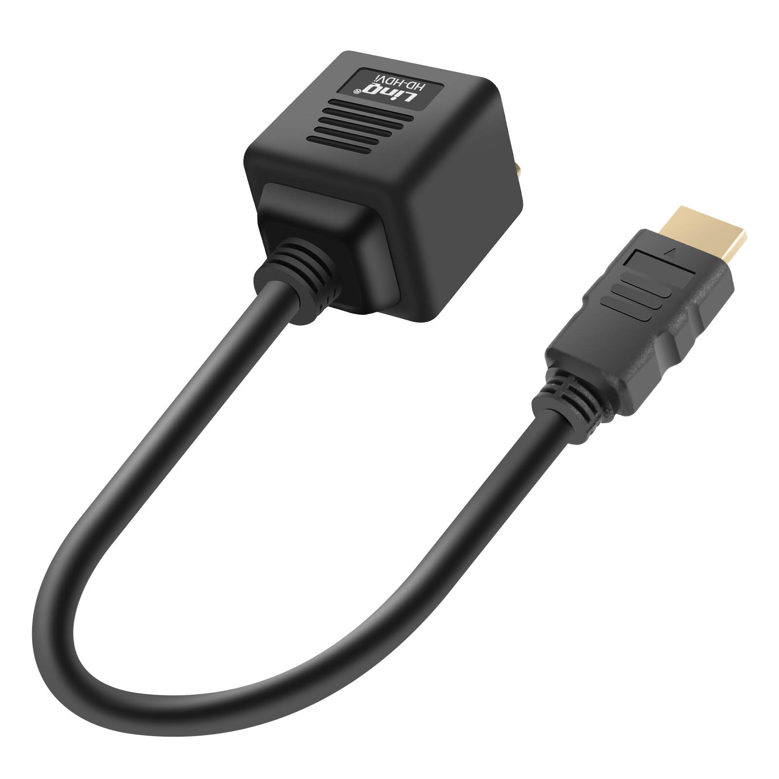 Un adattatore HDMI nero con cavo e connettore su sfondo bianco.