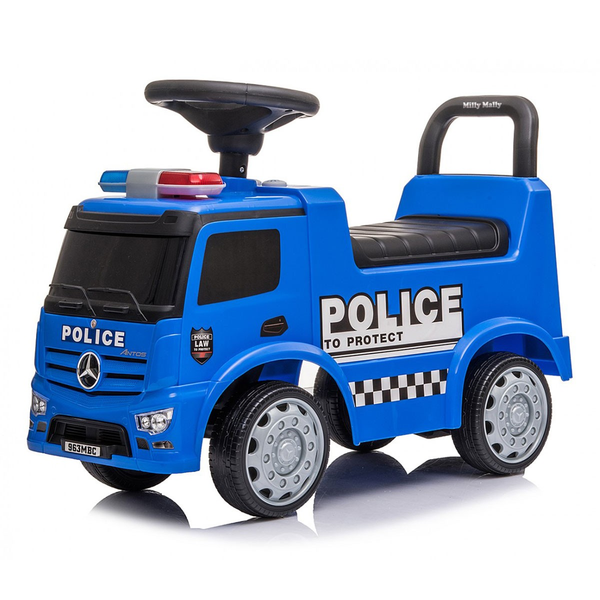 Un camioncino giocattolo blu della polizia con volante e sedile. Luci e testo 'POLICE'.