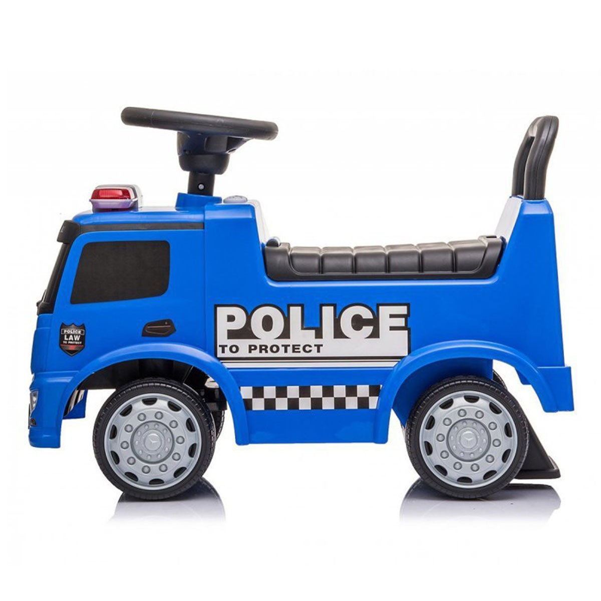 Macchinina di polizia blu con volante, sirena e testo "POLICE TO PROTECT".