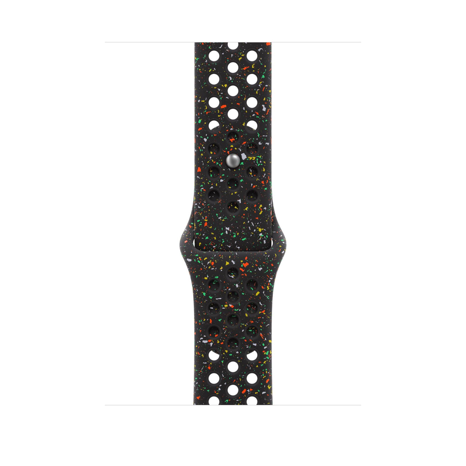 Czarny pasek do zegarka z kolorowymi plamkami i perforowanymi otworami.