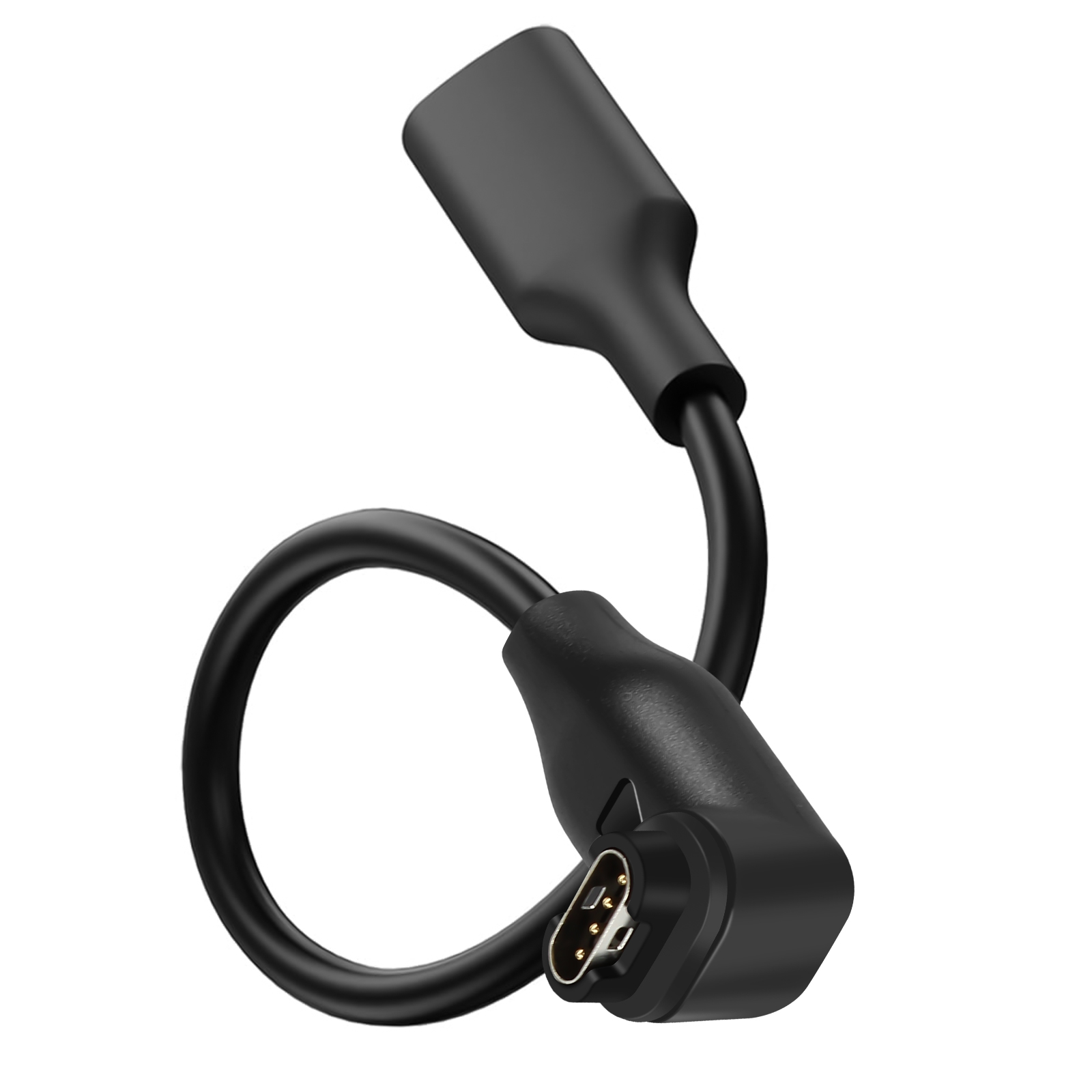 Cavo adattatore USB-C nero angolato a forma di anello con pin visibili.