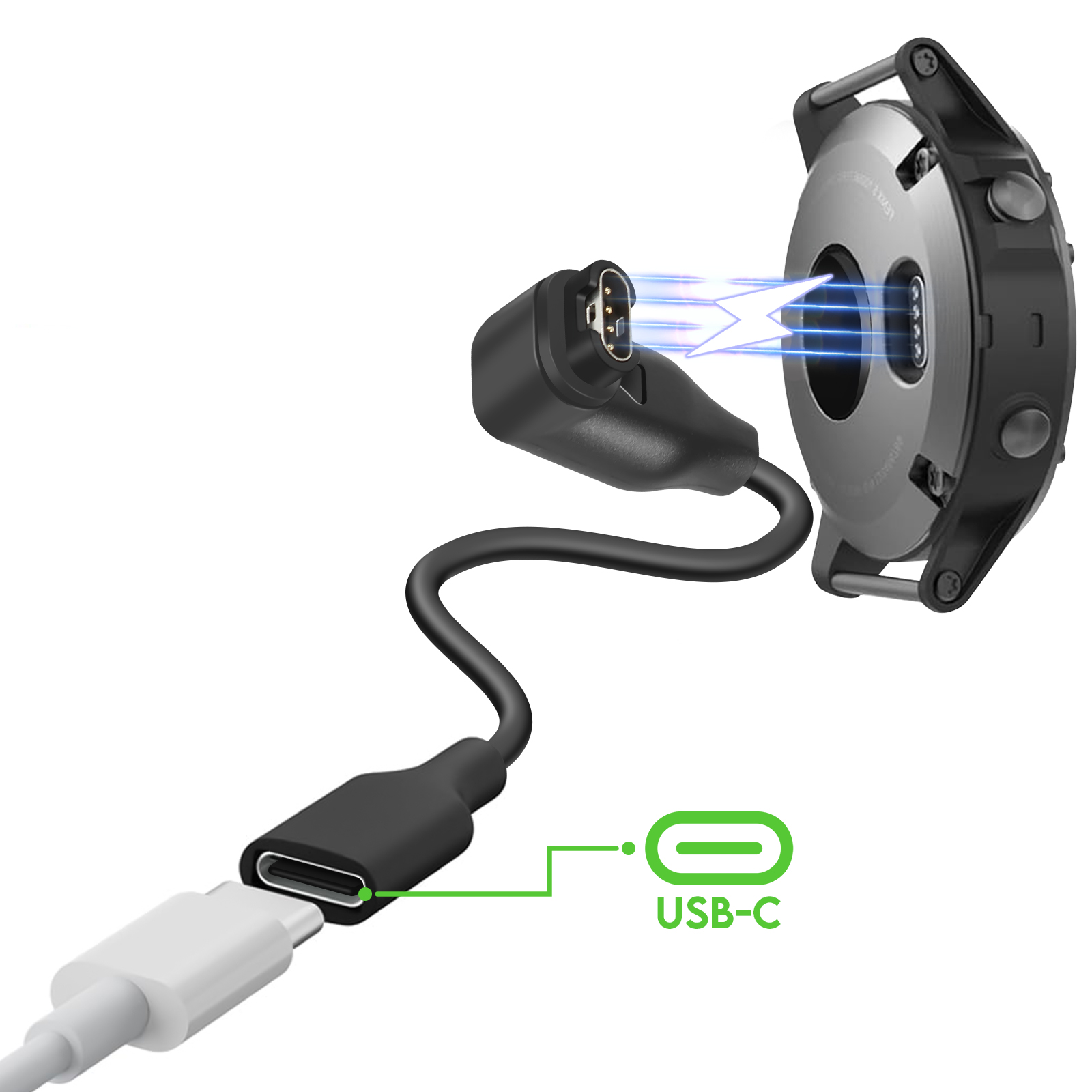 Un cavo USB-C si collega a un cavo di ricarica per smartwatch. Fulmini mostrano connessione.