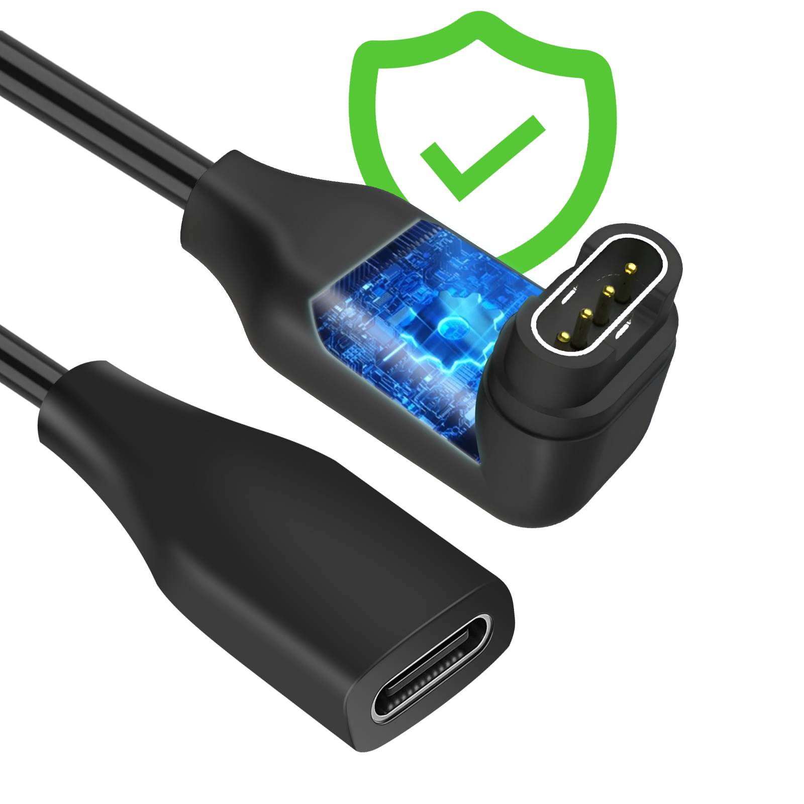 Cavo nero con connettore USB-C e magnetico. Scudo verde con segno di spunta.