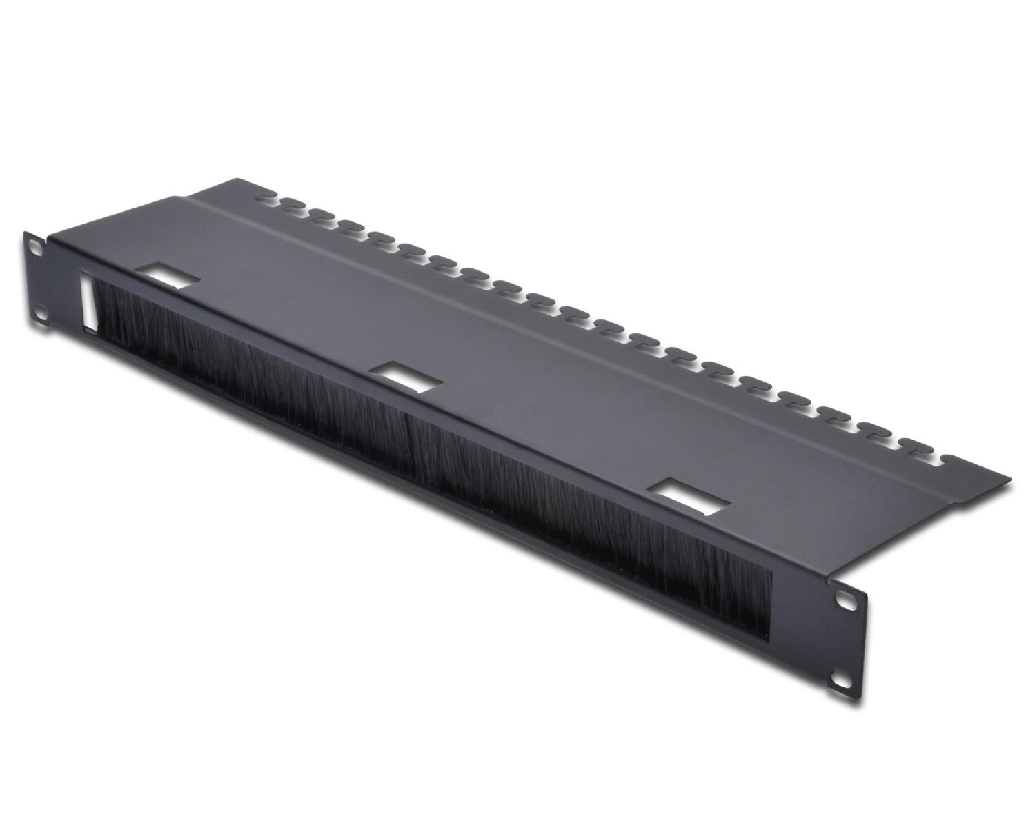 Pannello rack nero con guarnizione a spazzola e fori di montaggio.