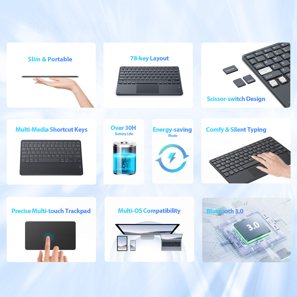 Collage von Tastaturmerkmalen: schlank, 78 Tasten, Scherenmechanismus, Verknüpfungen, Akku, Energie, Tippen, Trackpad, OS, Bluetooth.