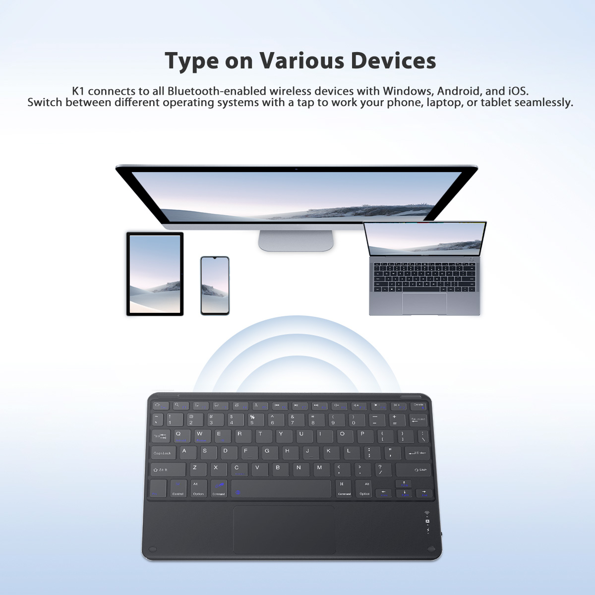 Kabellose Tastatur mit Trackpad verbindet sich mit Tablet, Telefon, Laptop und Desktop.