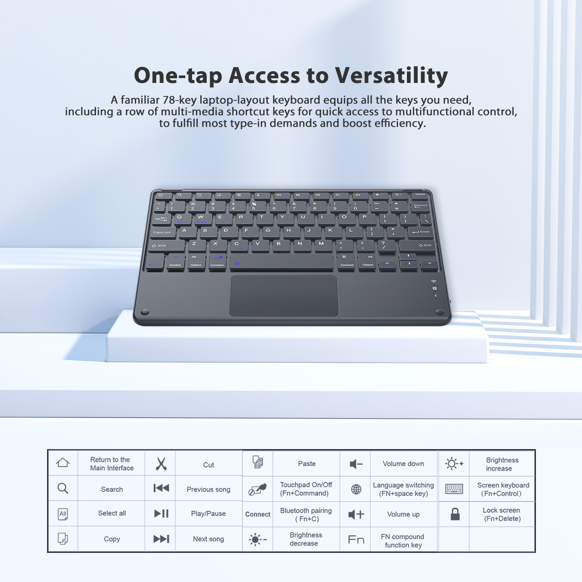 Eine dunkelgraue Tastatur mit Touchpad und beschrifteten Tasten wird angezeigt.