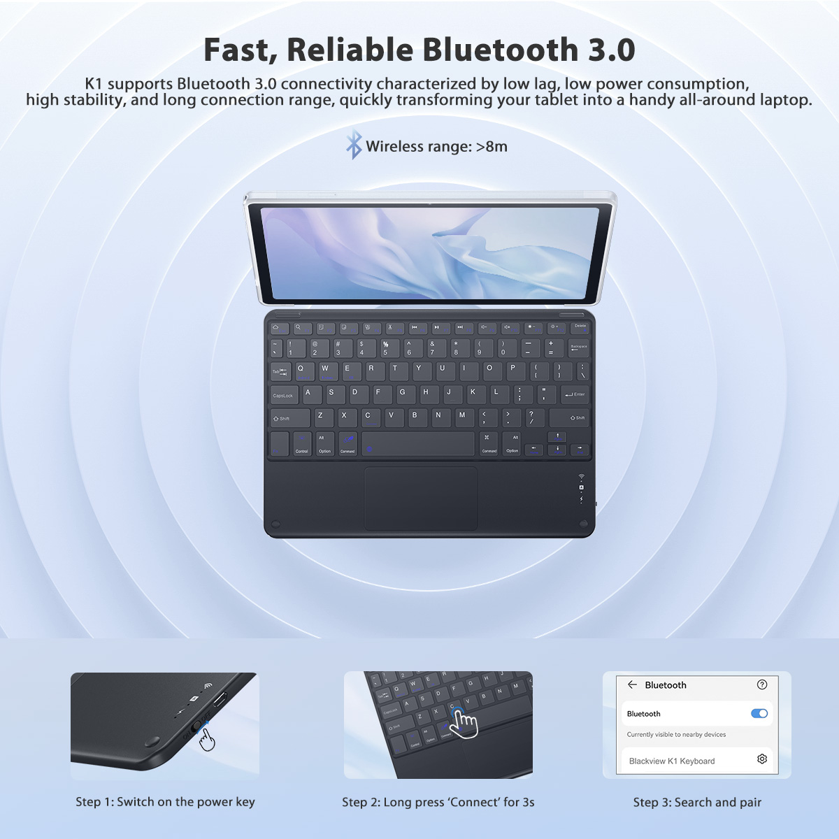 Blackview K1 Tastatur mit Bluetooth 3.0, gezeigt mit Verbindungsschritten.