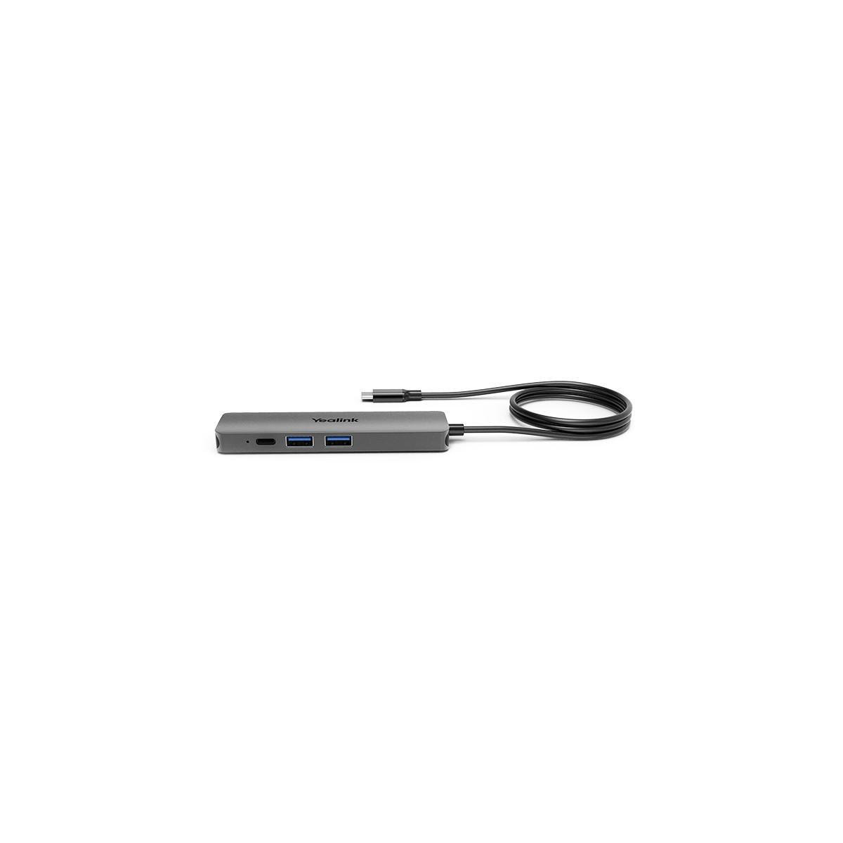 Hub USB Yealink grigio con due porte USB blu e un cavo USB nero collegato.