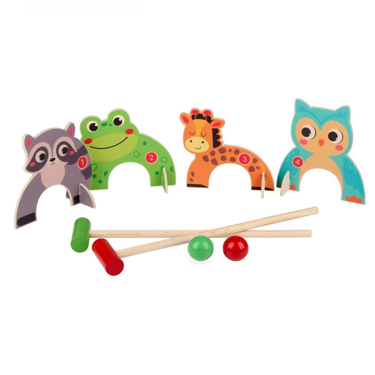 Houten speelgoed dieren: wasbeer, kikker, giraf, uil met hamers en ballen.
