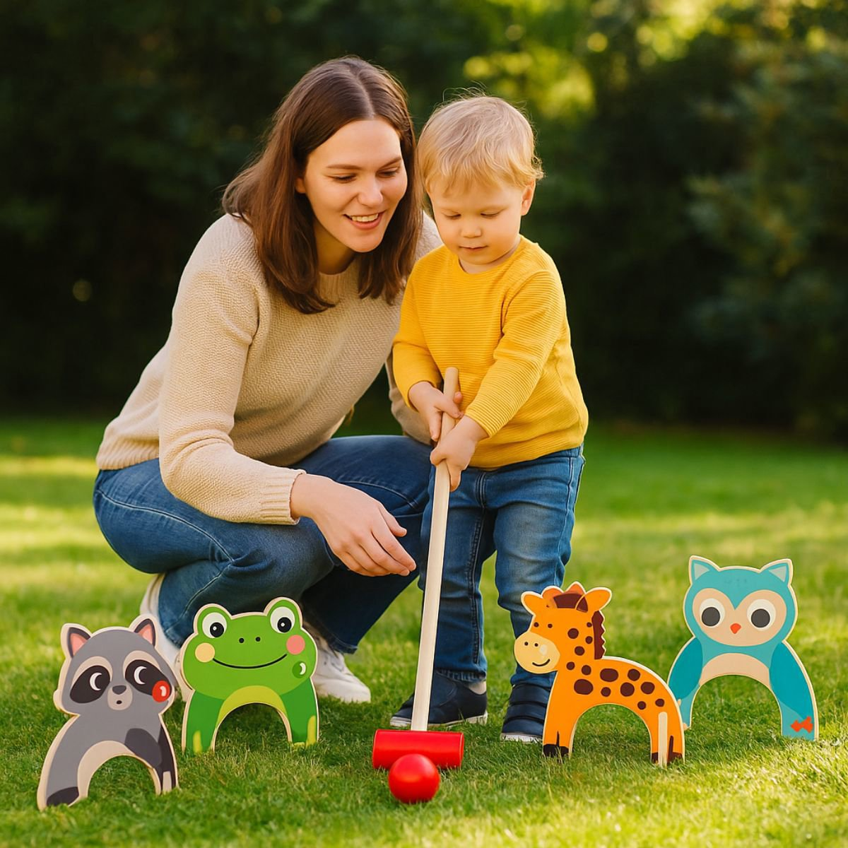 Vrouw en kind spelen croquet met diervormige wickets op gras.