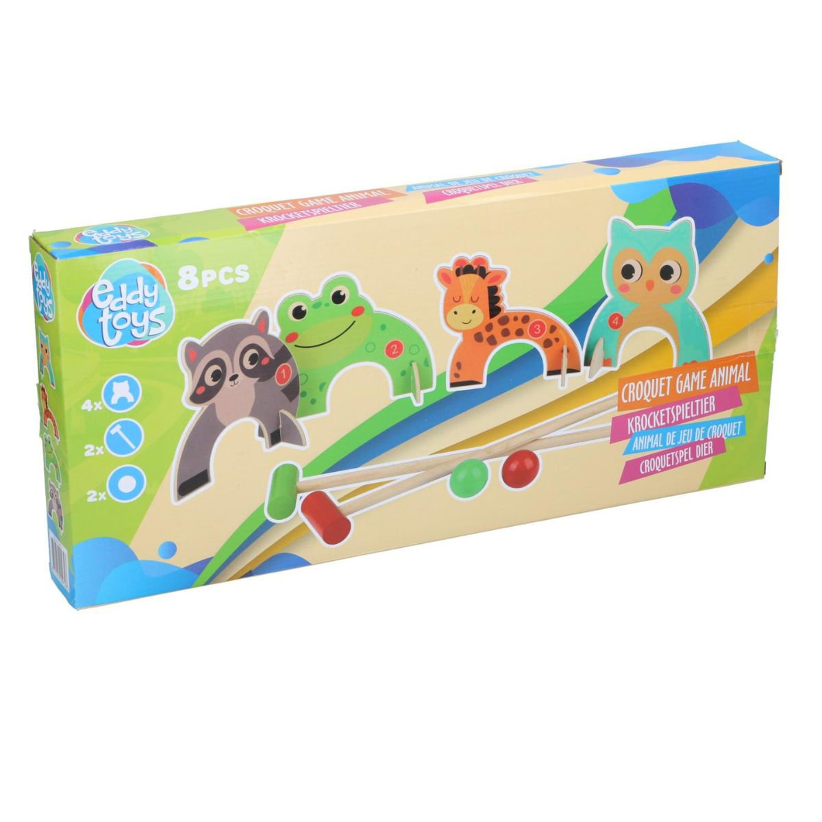Doos Eddy Toys dierenkroketspel met wasbeer, kikker, giraf en uil.