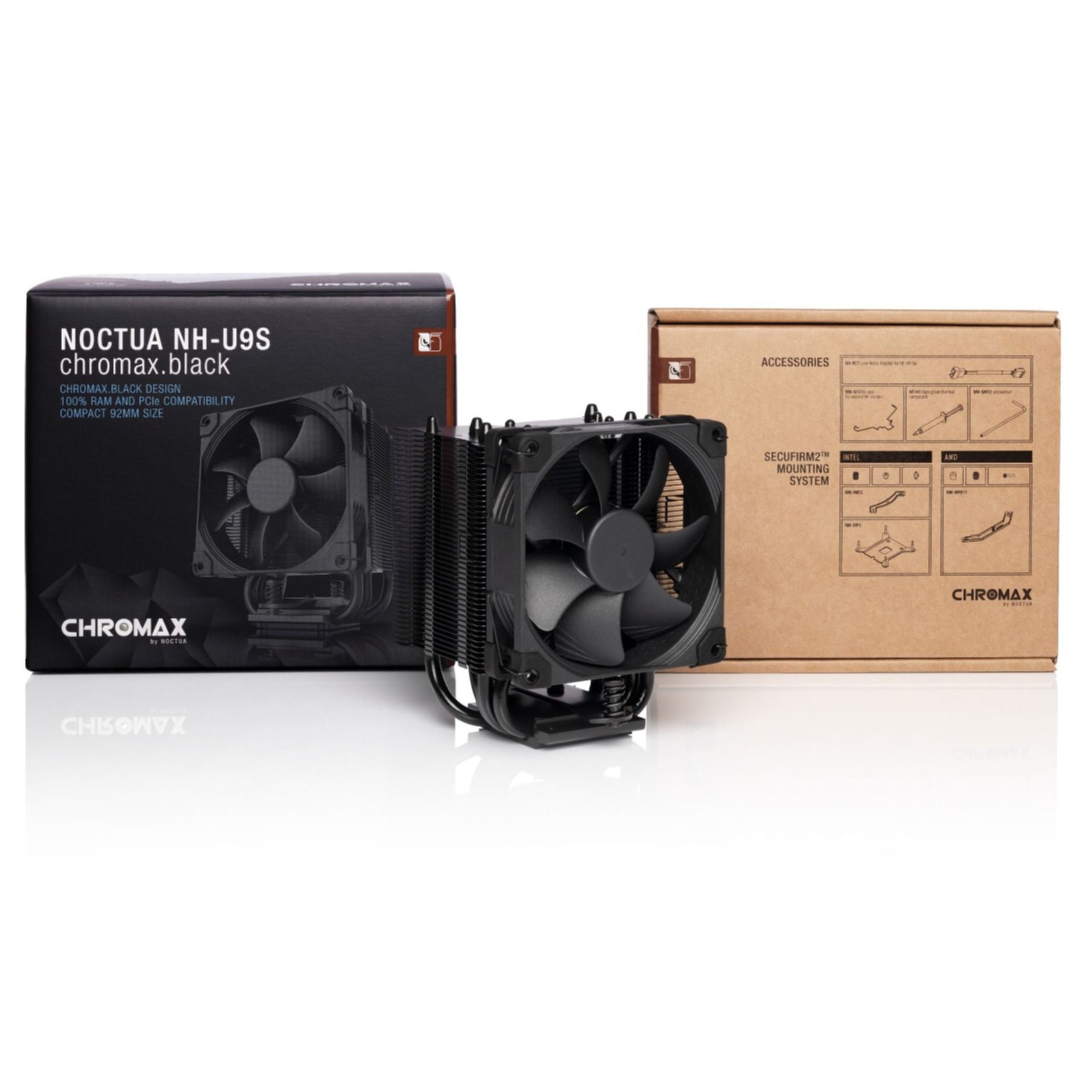 Dissipatore CPU Noctua NH-U9S chromax.black nero con scatole. Scatola accessori mostrata.