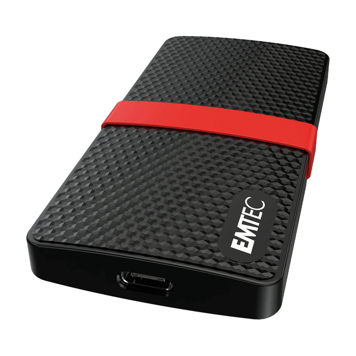 Czarny dysk zewnętrzny z czerwoną opaską i logo EMTEC.
