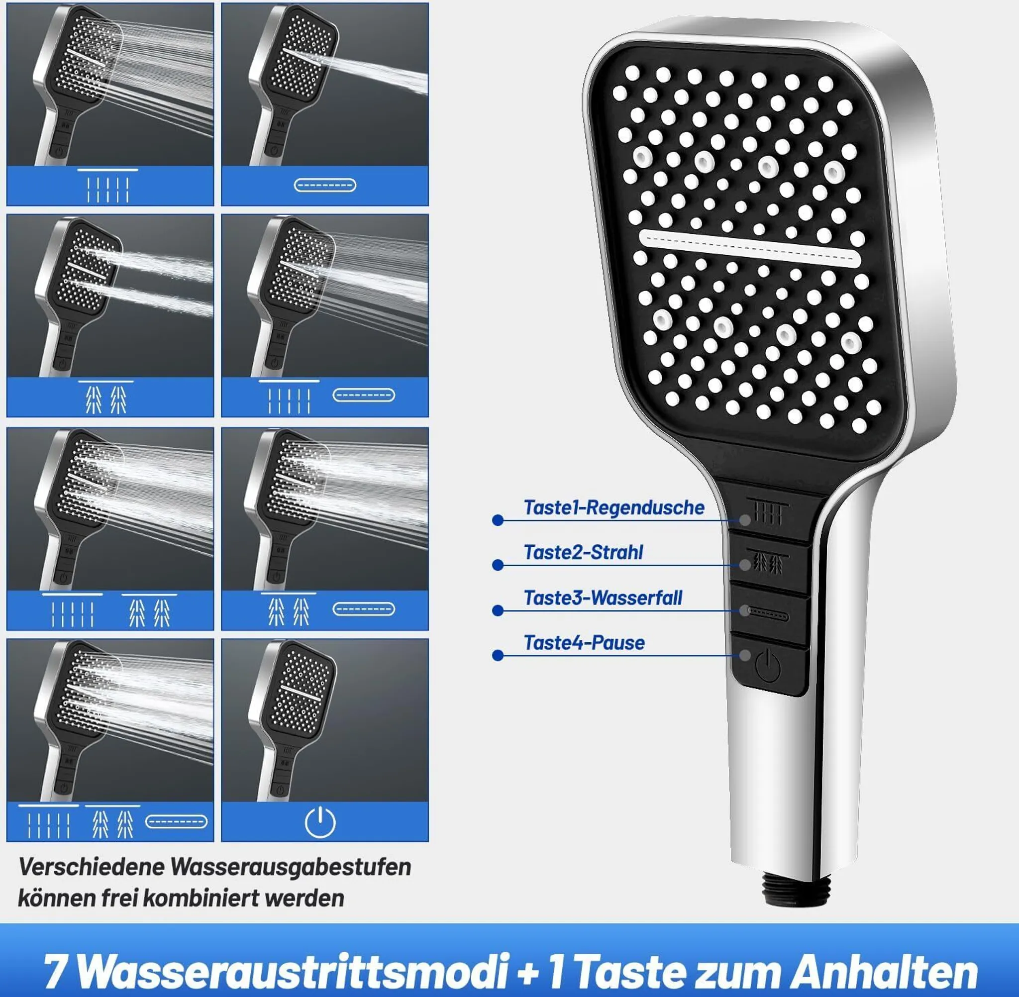 Duschkopf mit verschiedenen Wasserstrahlarten und Bedienelementen.