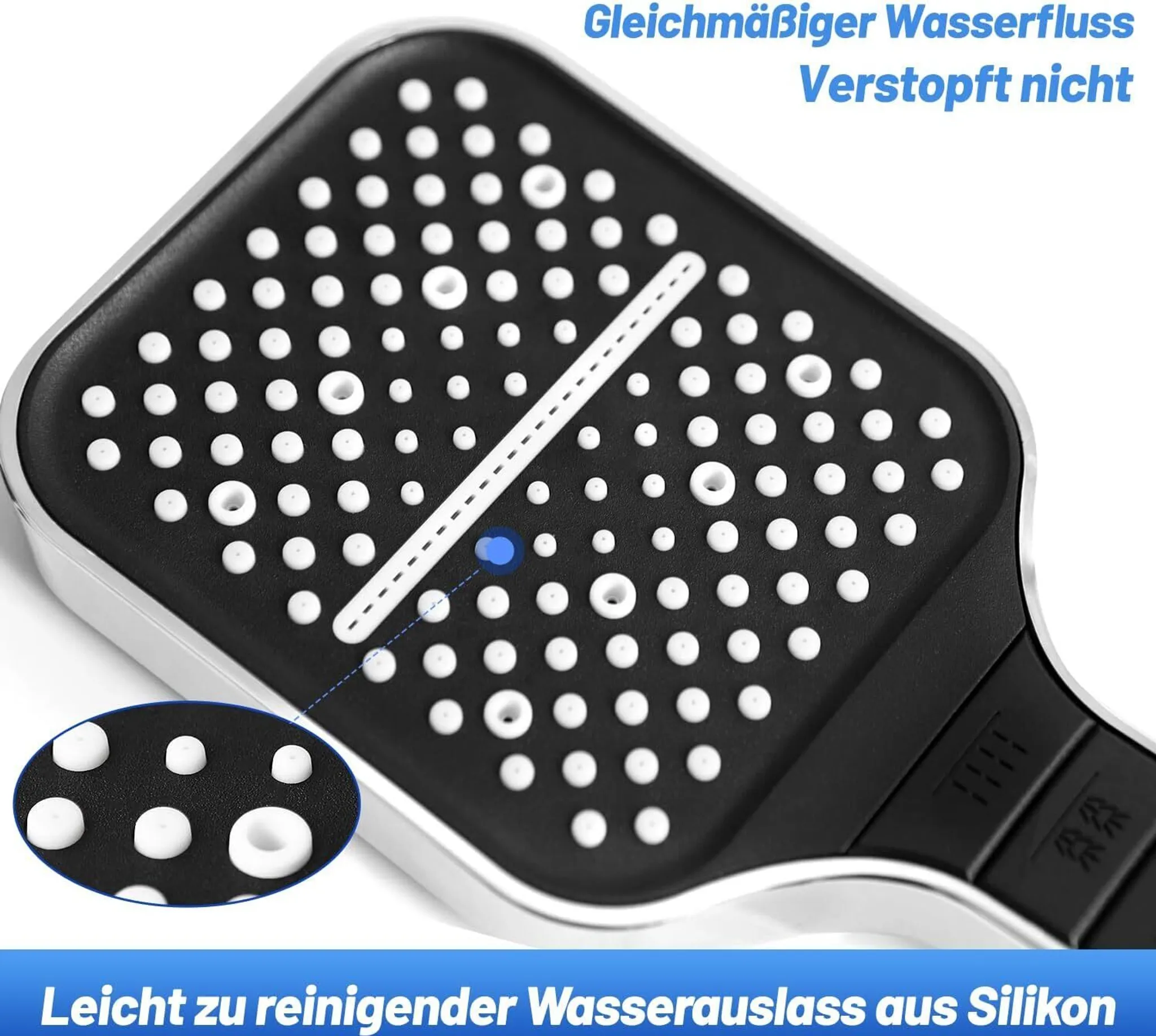 Schwarzer Duschkopf mit weißen Silikondüsen und blauer Hervorhebung.