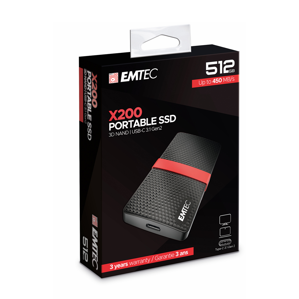 Pudełko przenośnego dysku SSD Emtec X200 512 GB, czarne z czerwoną taśmą, USB-C 3.1 Gen 2.