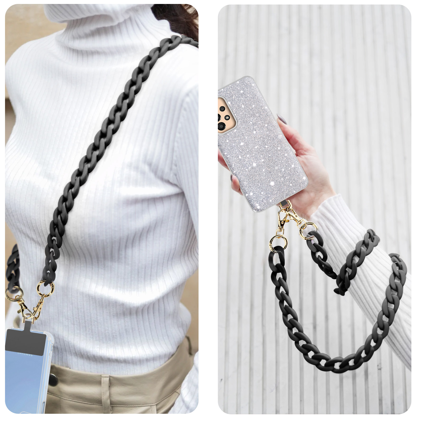 Catena nera su dolcevita bianco, cover glitterata per telefono.