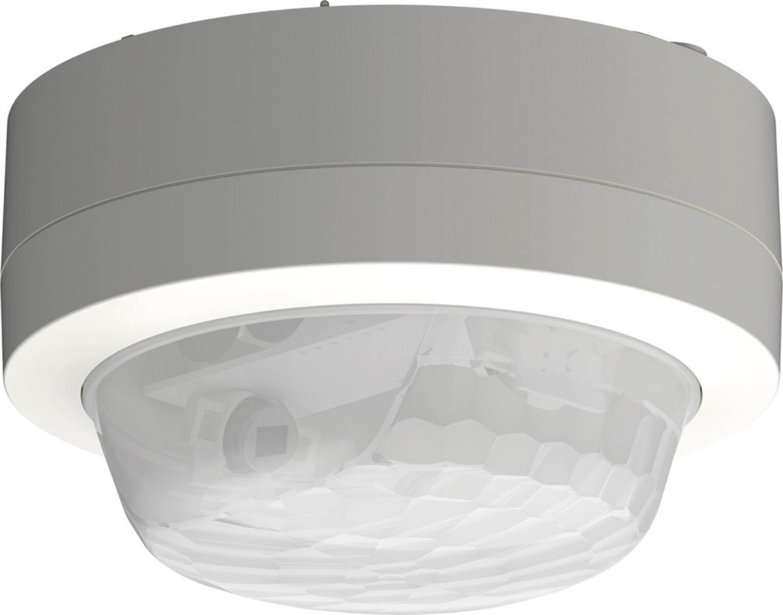 Un sensore di movimento bianco a cupola con lente testurizzata e anello luminoso.