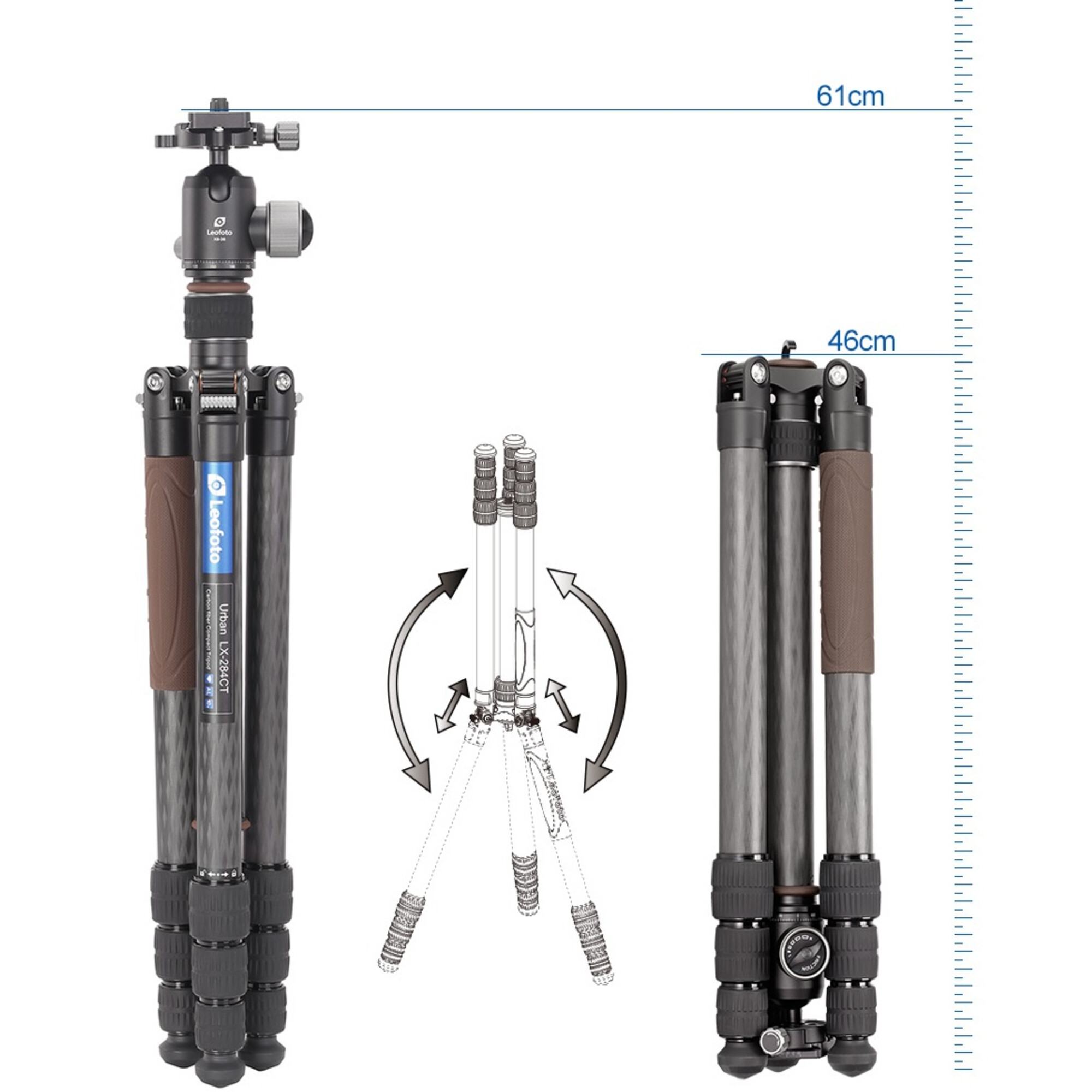 Leofoto-Stativ, ausgefahren (61cm) und zusammengeklappt (46cm), mit Beinstrukturdiagramm.