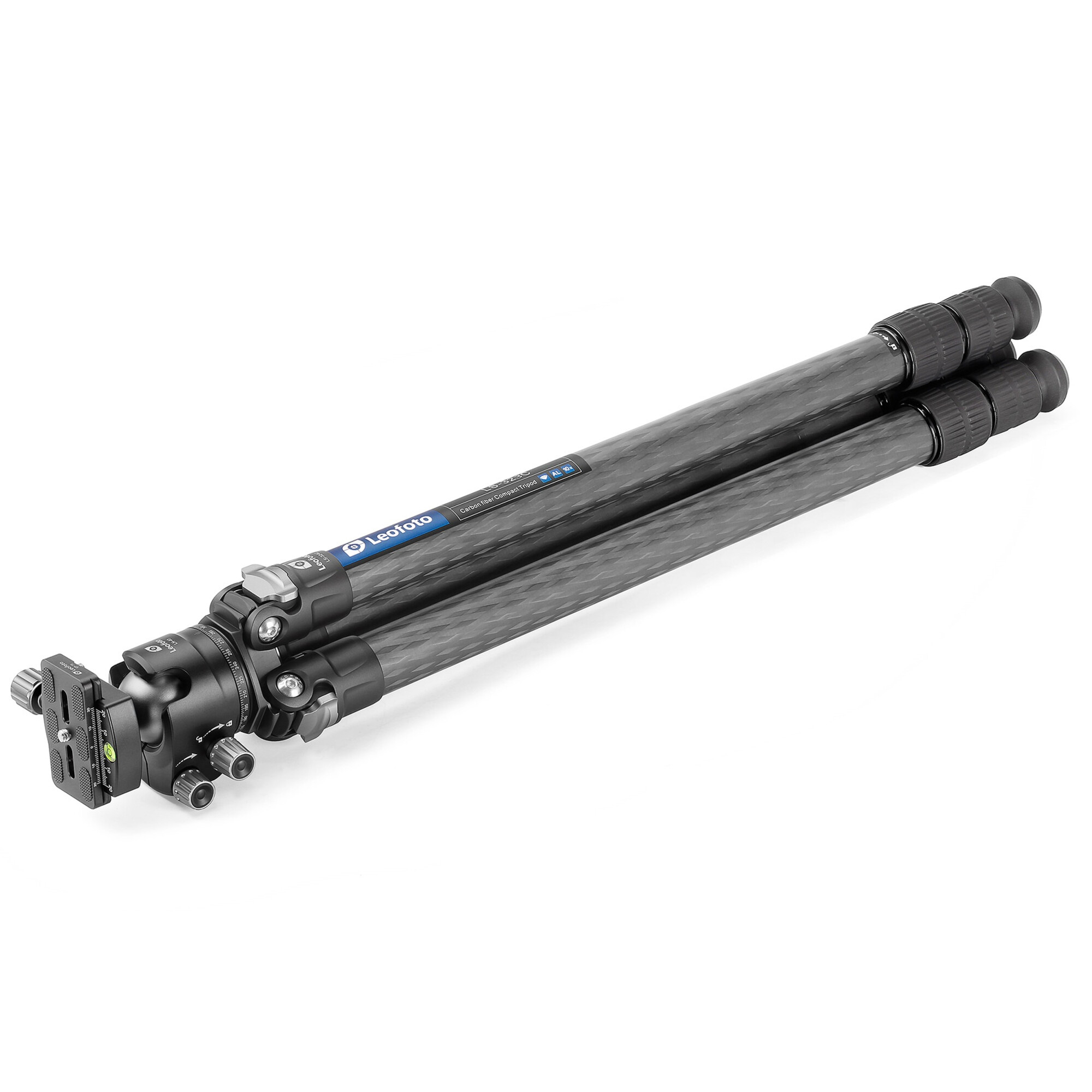 Ein schwarzes Leofoto Carbon-Stativ mit Kugelkopf ist vor weißem Hintergrund abgebildet.
