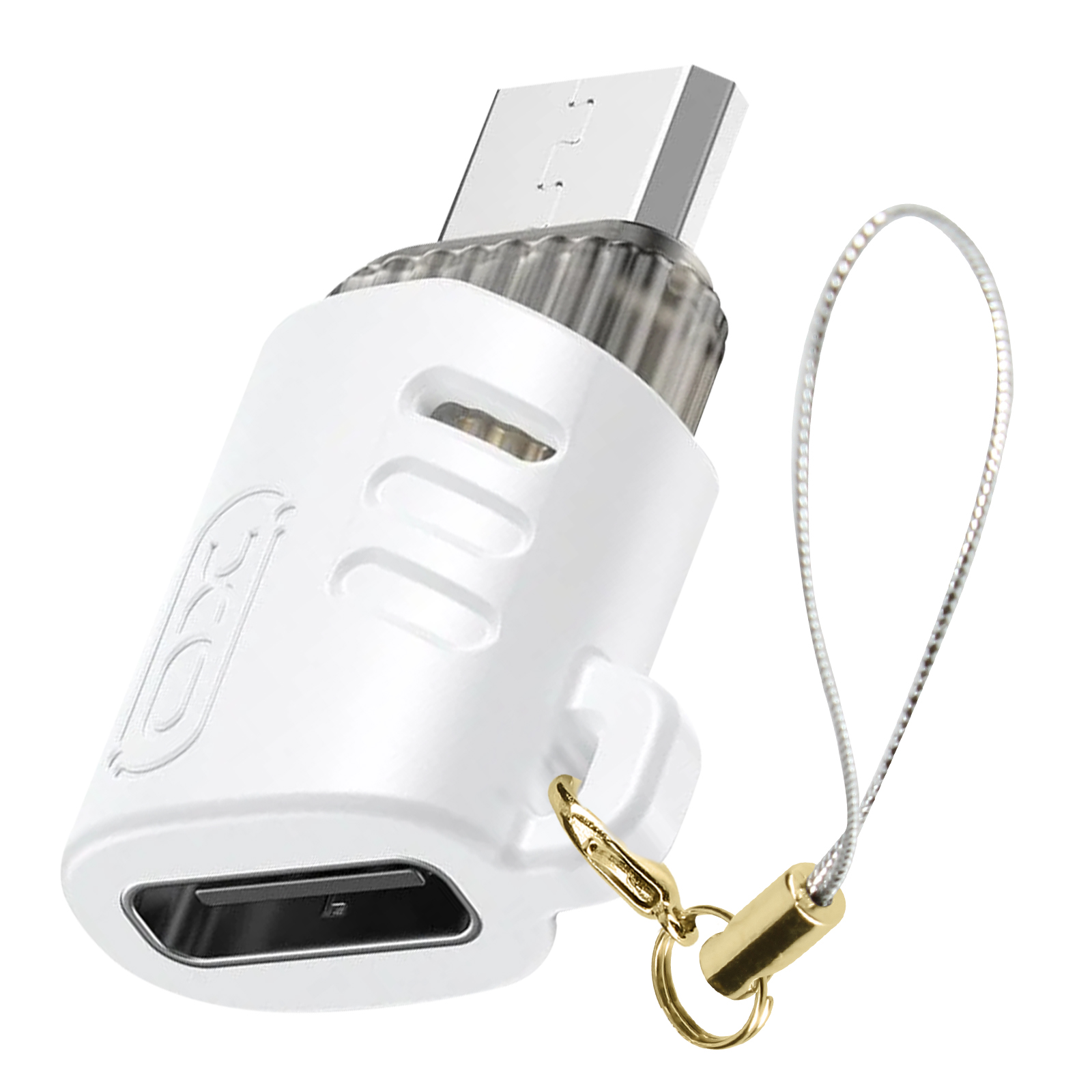 Adattatore USB bianco con chiusura dorata e cordino, connettore USB-A.