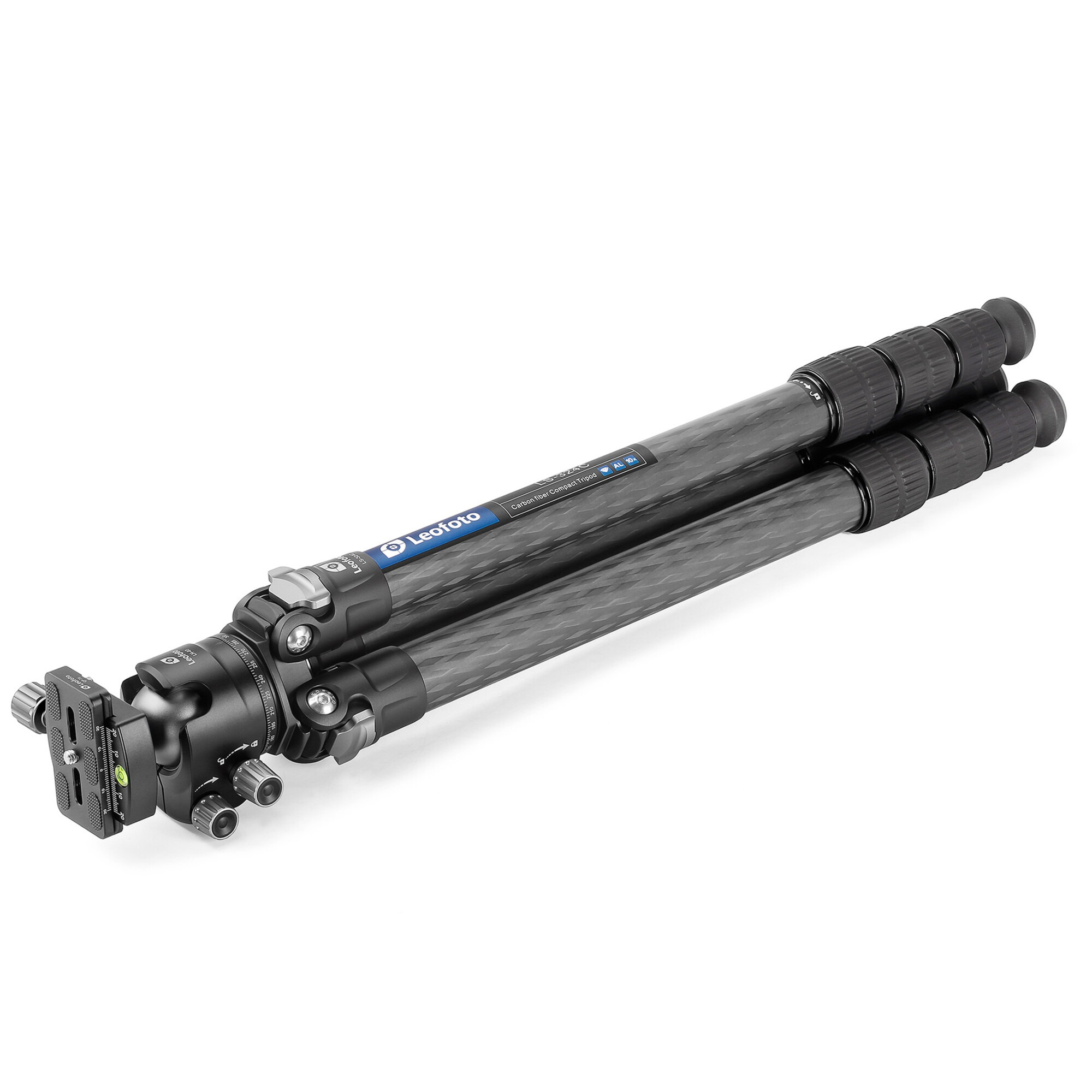 Ein schwarzes Carbonfaser-Stativ von Leofoto mit Kugelkopf und Schnellwechselplatte.