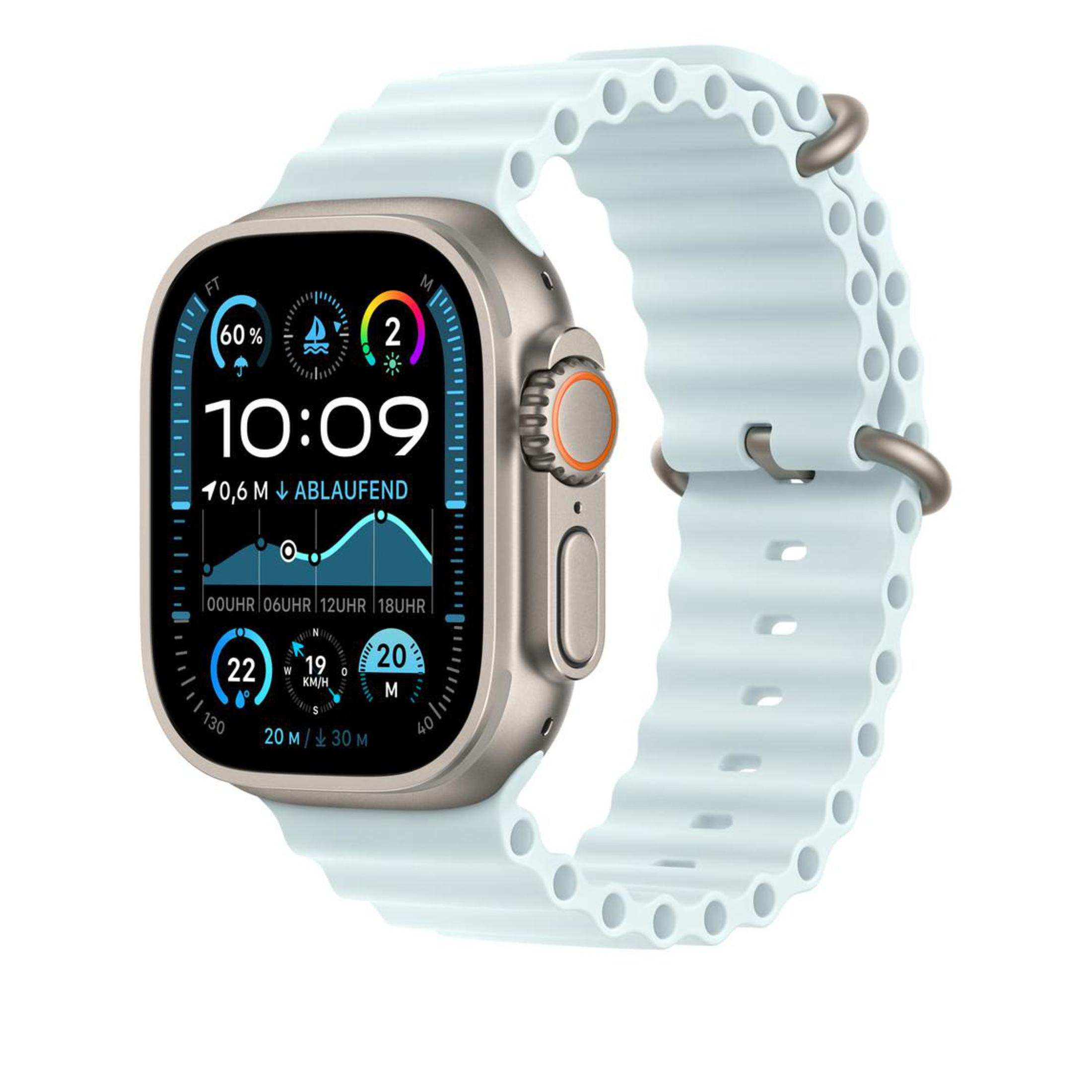 Eine silberne Smartwatch mit hellblauem Band zeigt 10:09, 60% Akku und Wetterdaten an.