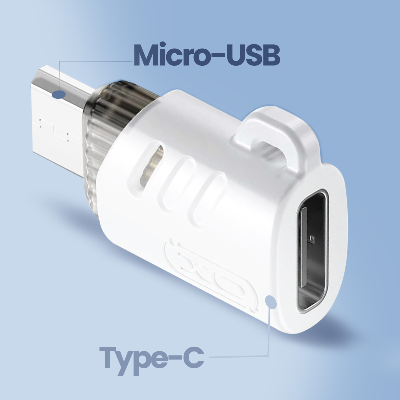 Un adattatore da Micro-USB a Type-C bianco con etichette.