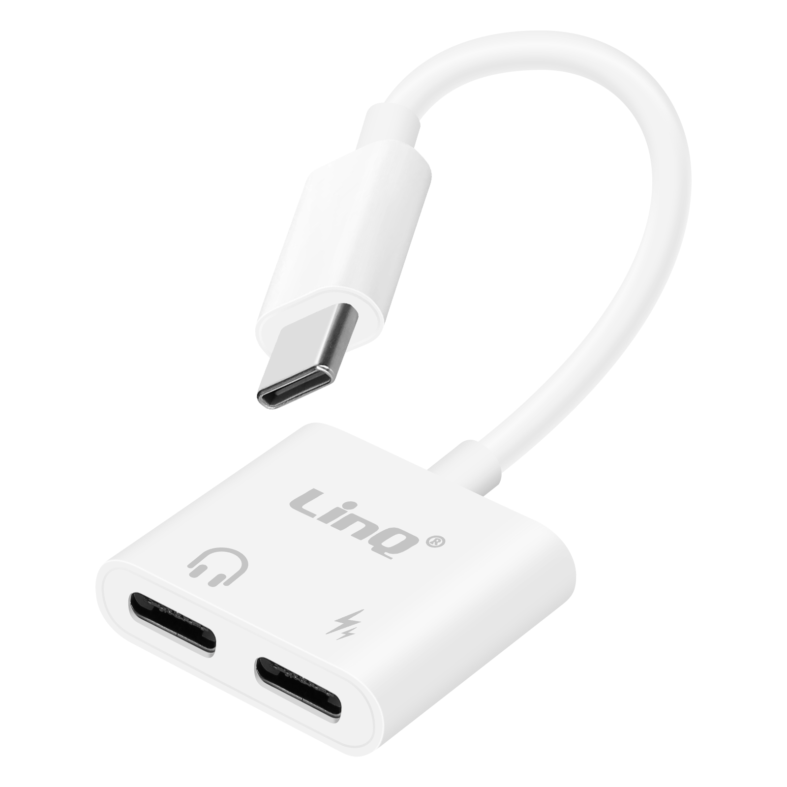 Un adattatore USB-C bianco con porte per cuffie e ricarica.