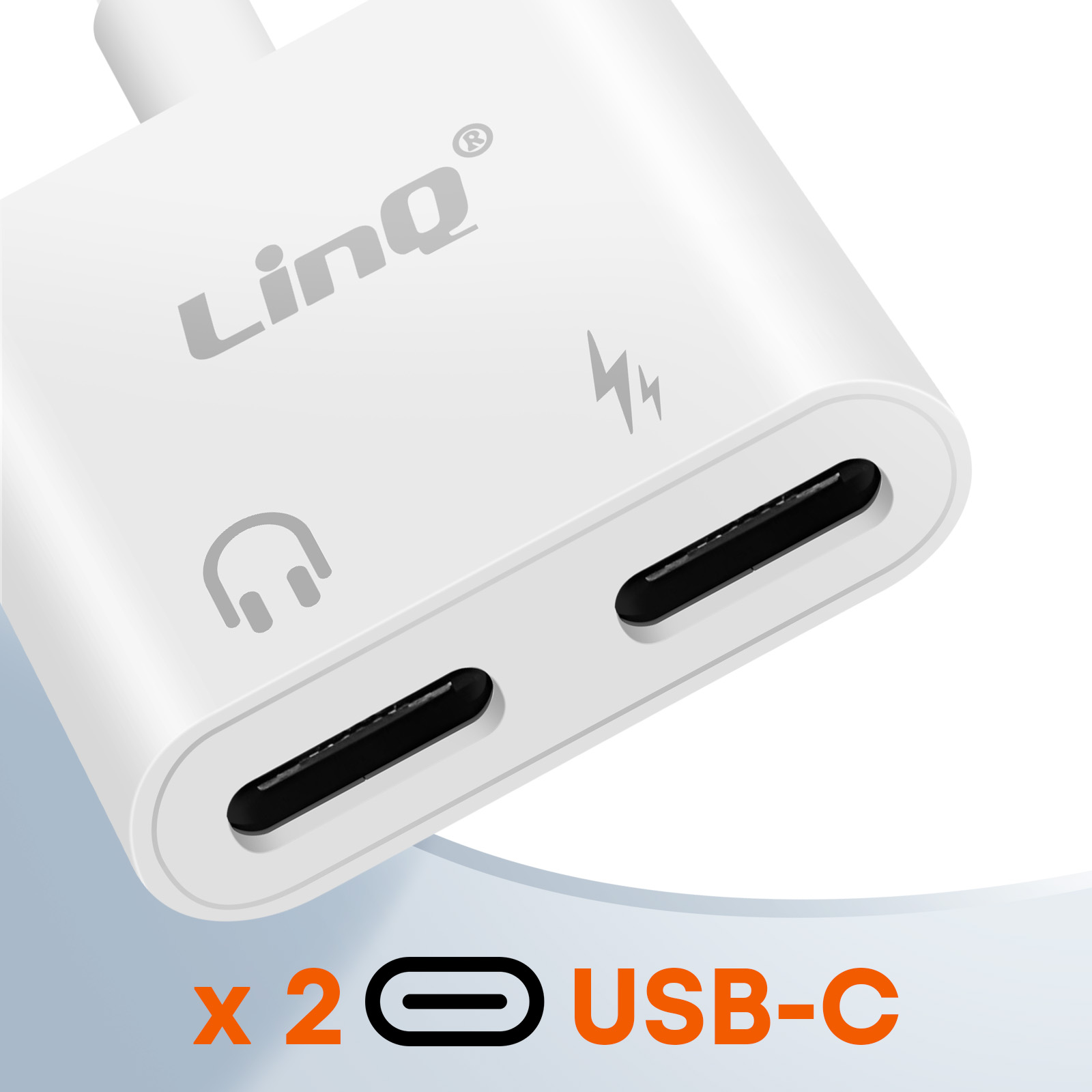 Adattatore LinQ bianco con due porte USB-C e icona cuffie.