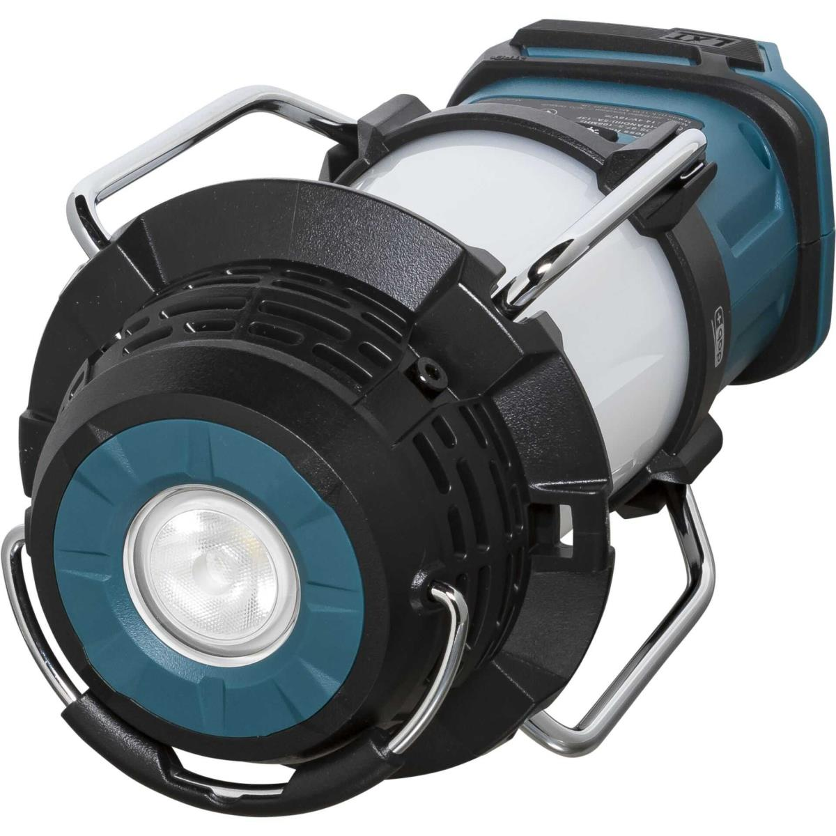 Une lanterne LED portable bleu sarcelle et noire avec diffuseur blanc et poignée métal.