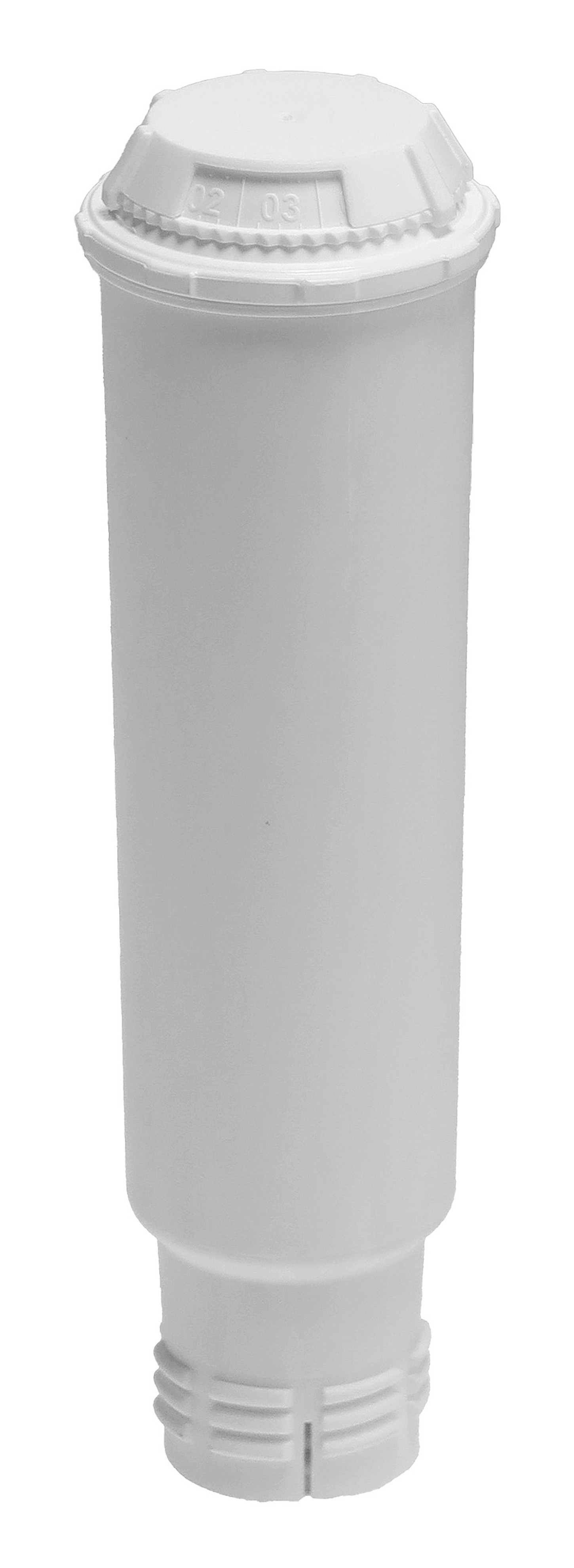 Un inserto per cartuccia filtro acqua bianco con coperchio e estremità scanalata.