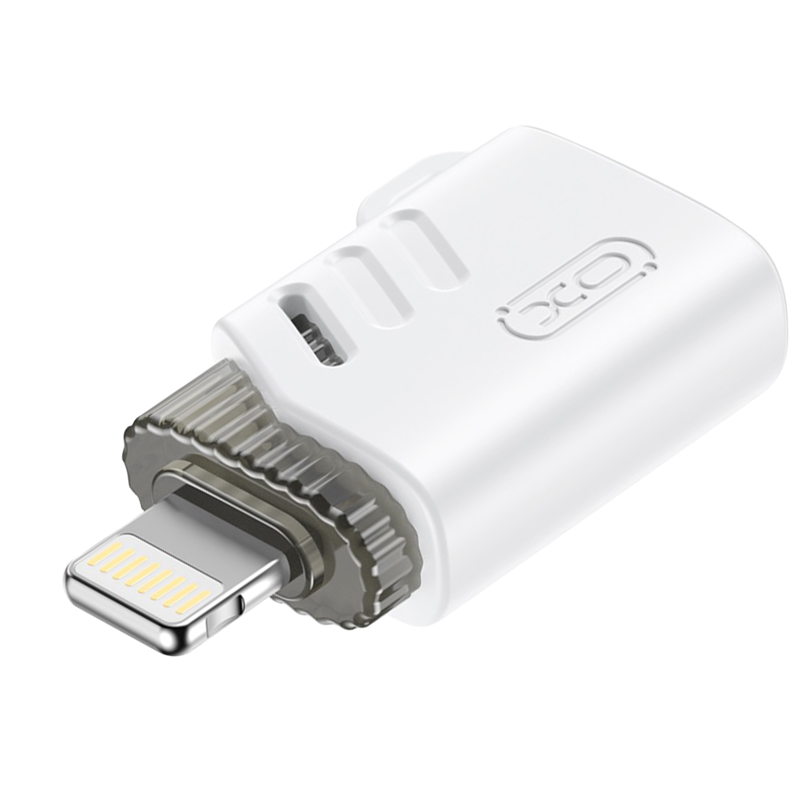 Un adaptateur électronique blanc avec connecteur lightning argenté sur fond blanc.