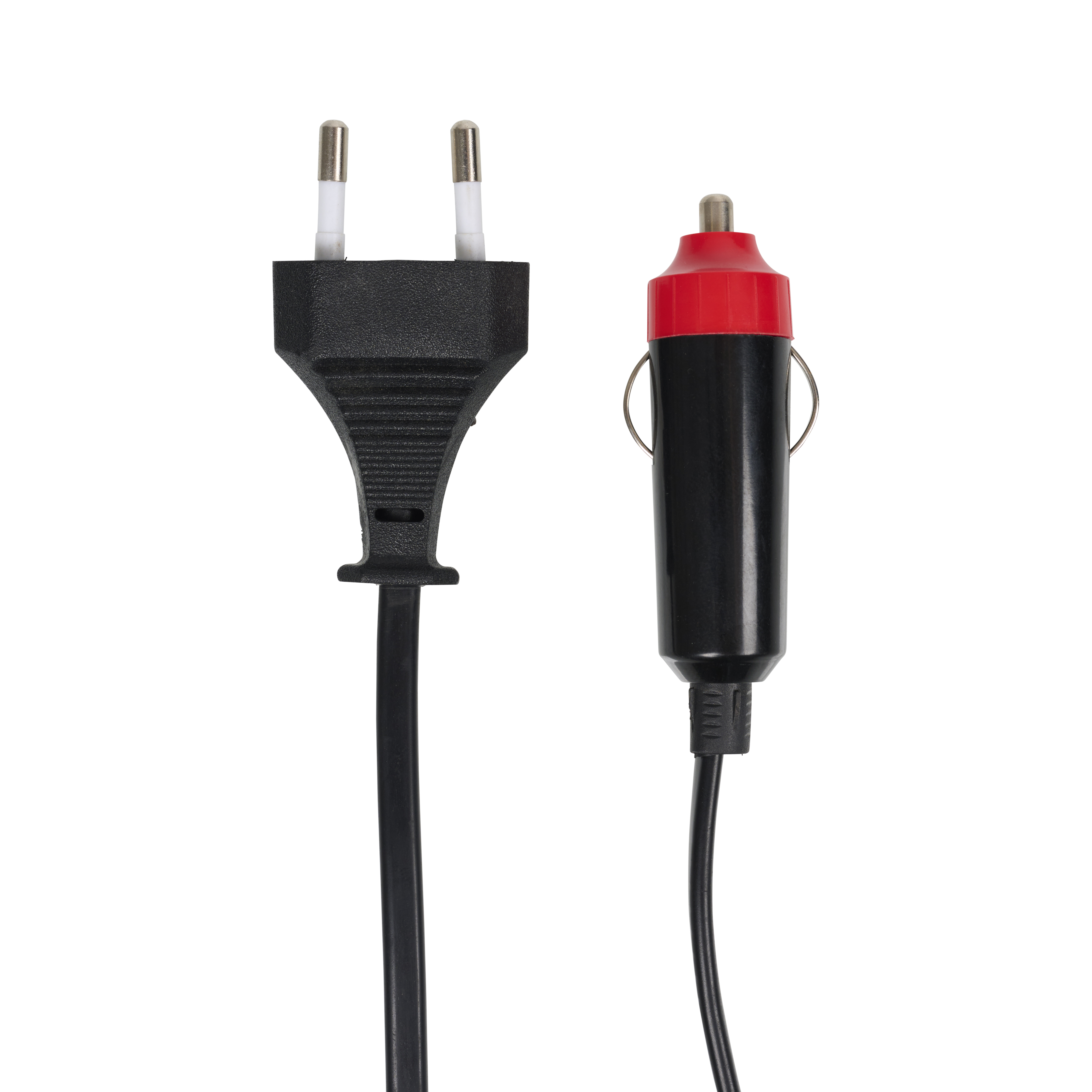 A black European plug and a black car cigarette lighter adapter with a red top.