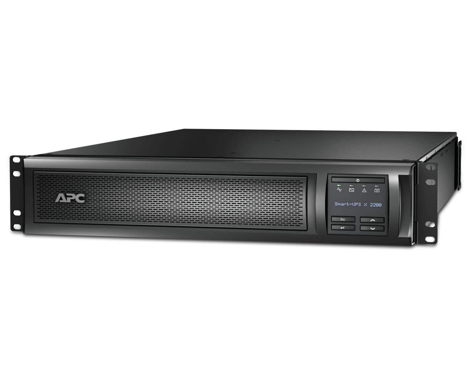 Unità nera APC Smart-UPS X 2200 per montaggio su rack con pannello frontale forato e schermo LCD.
