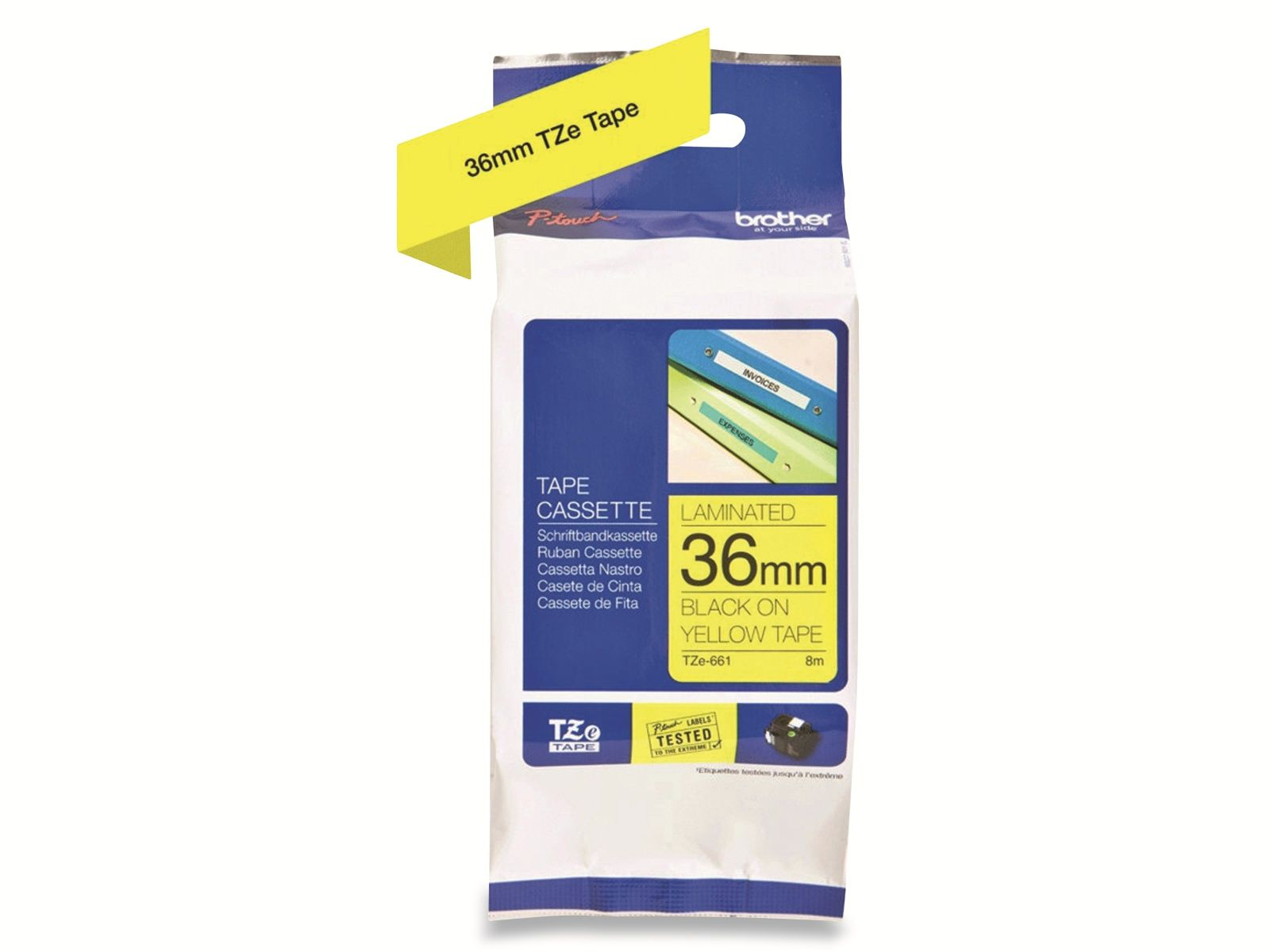 Confezione di cassetta nastro laminato Brother P-Touch 36 mm nero su giallo.