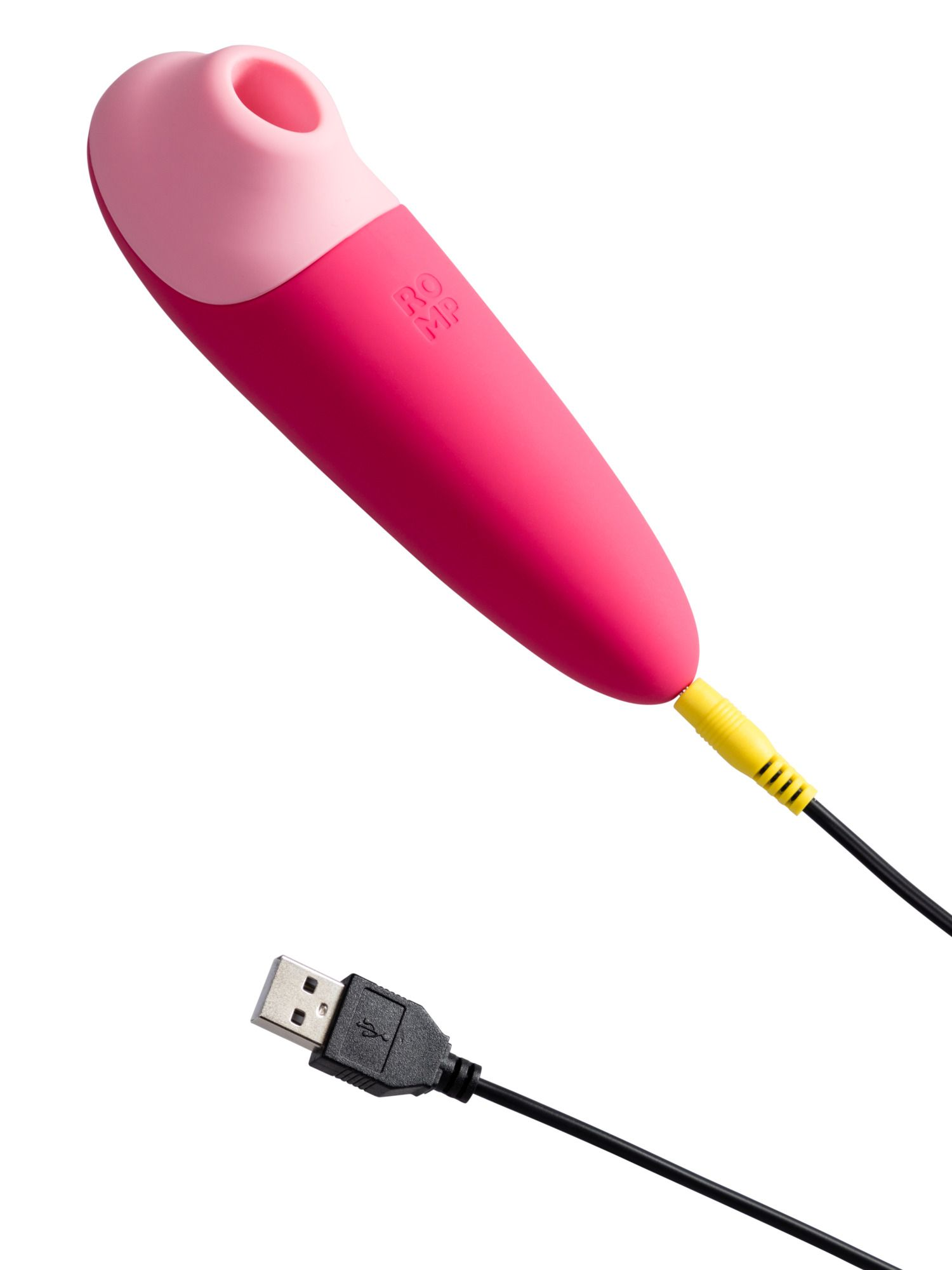 Vibrador rosa con cable de carga USB y conector amarillo sobre fondo blanco.