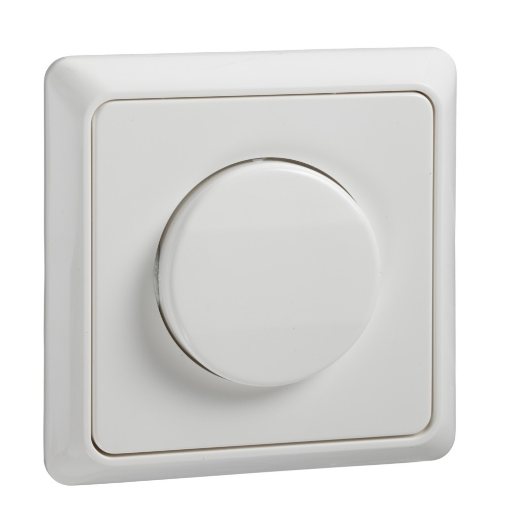 Un interruttore a muro bianco con una manopola rotonda al centro.