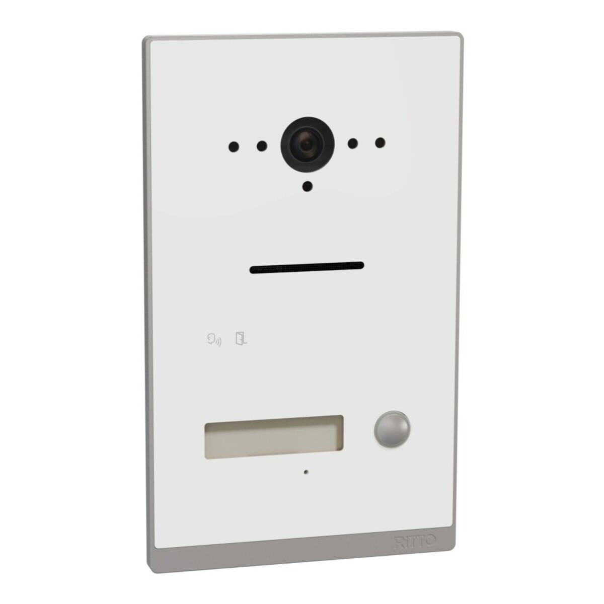 Un citofono RITTO bianco con telecamera, altoparlante, display e pulsante.