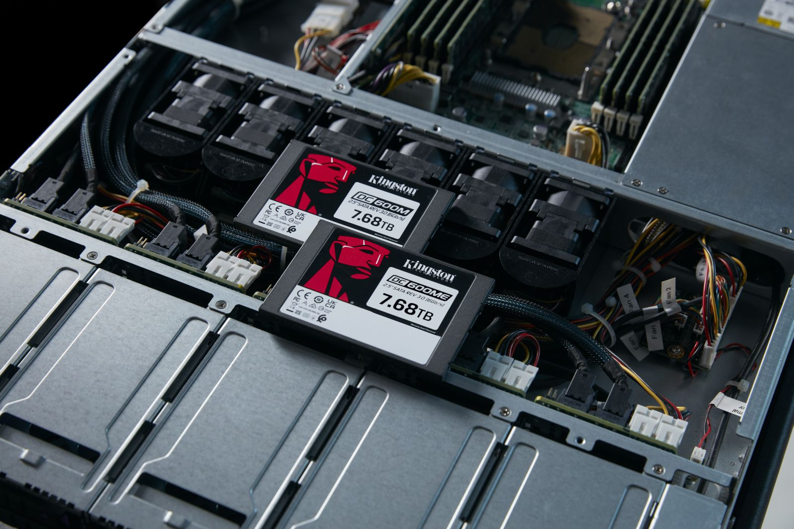 Im Inneren eines Servers: zwei 7,68TB Kingston SSDs, Lüfter, Kabel und Platinen.