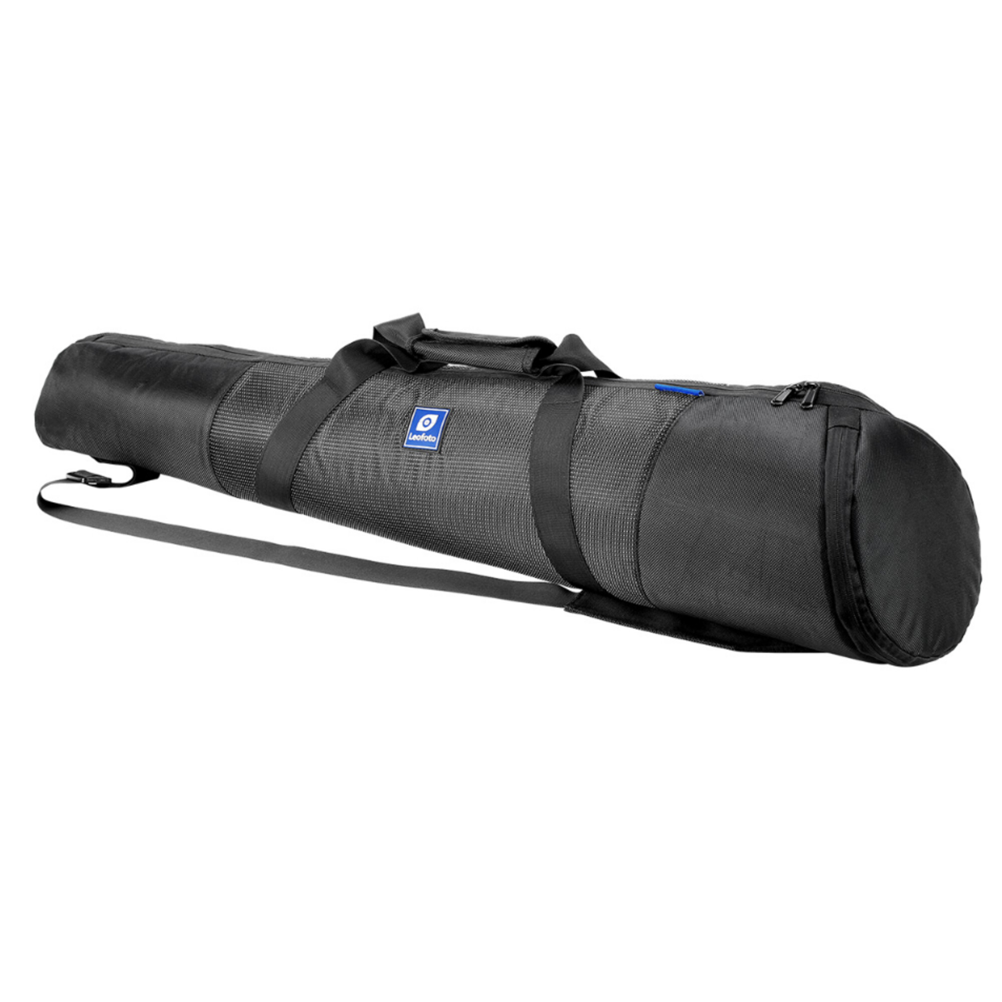 Eine schwarze Leofoto-Marken-Stativtasche mit Griffen und Schultergurt.
