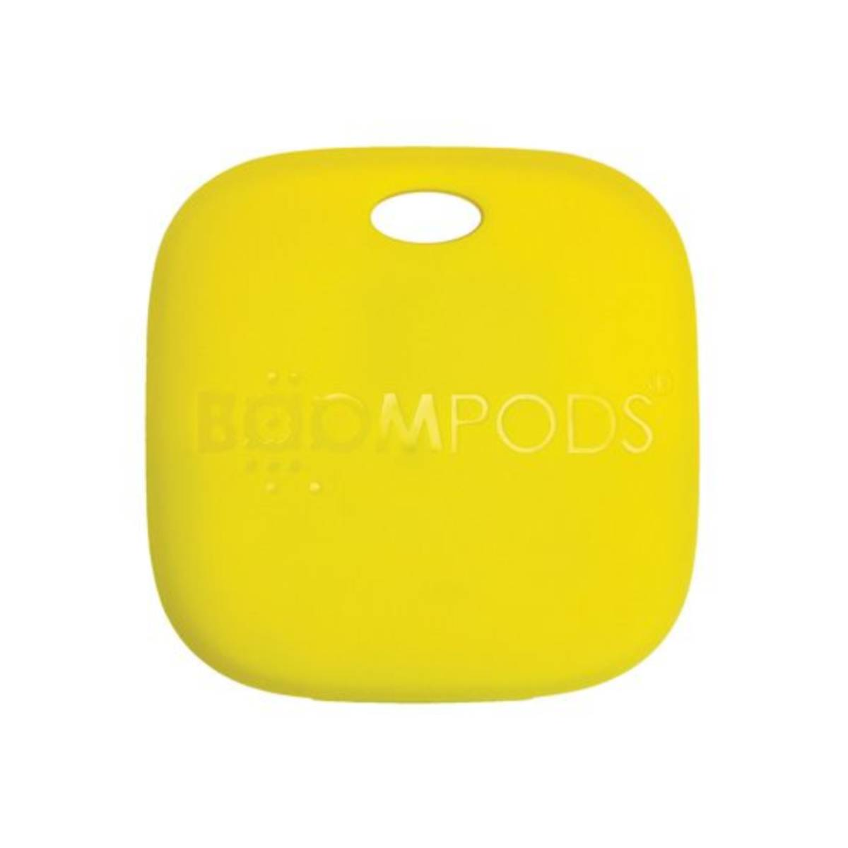 Un oggetto giallo quadrato con angoli arrotondati e un foro in alto. Il testo dice BOOMPODS.