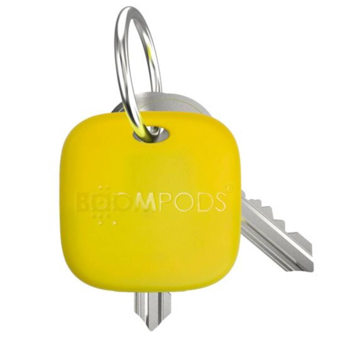 Un portachiavi giallo con testo BOOMPODS e una chiave argentata attaccata.