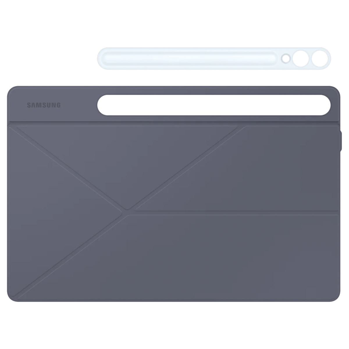 Una custodia grigia per tablet Samsung con un portapenne bianco sopra.